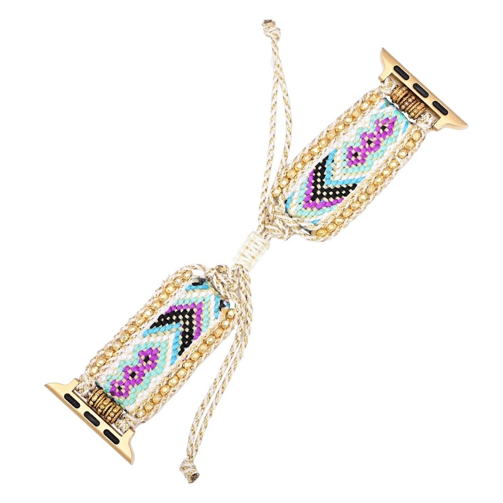 Handwoven Boho Apple Watch Band with Gold Beading – Adjustable Bracelet Strap - Picture 7 of 7